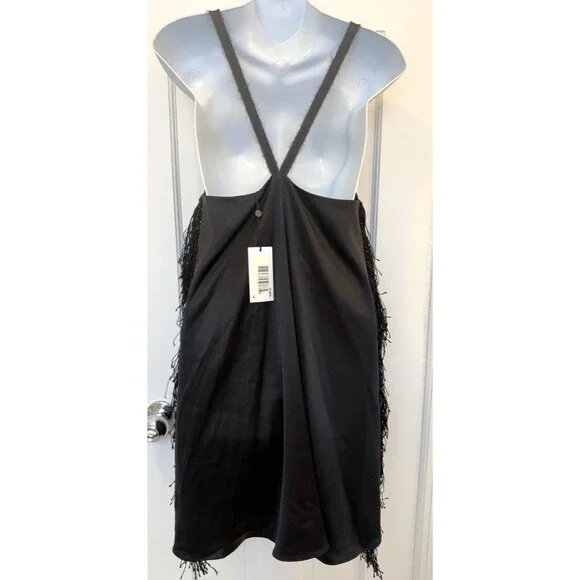 NWT Derek Lam 10 Crosby Downtown Crepe Mini Dress Size 4 Black Satin Fringe $595 - Picture 6 of 9